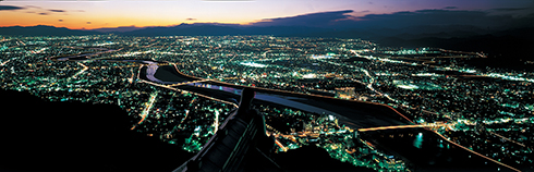A panorama night view from the top of Gifu Castle (toward Nagara River)